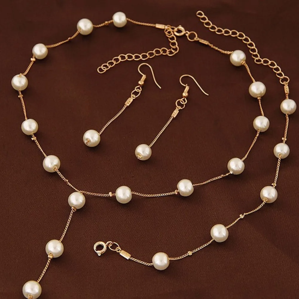 

Women Delicate And Classy Costume Jewelry Favors Faux Pearl Necklace Earring Bracelet Jewelry Set