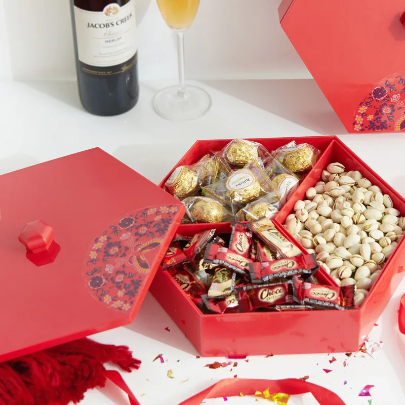 

Chinese Red Creative Hexagonal Snacks Storage Box Plastic Table Fruit Candy Holder 3 Grids With Cover Sealed Snacks Fruit Boxes