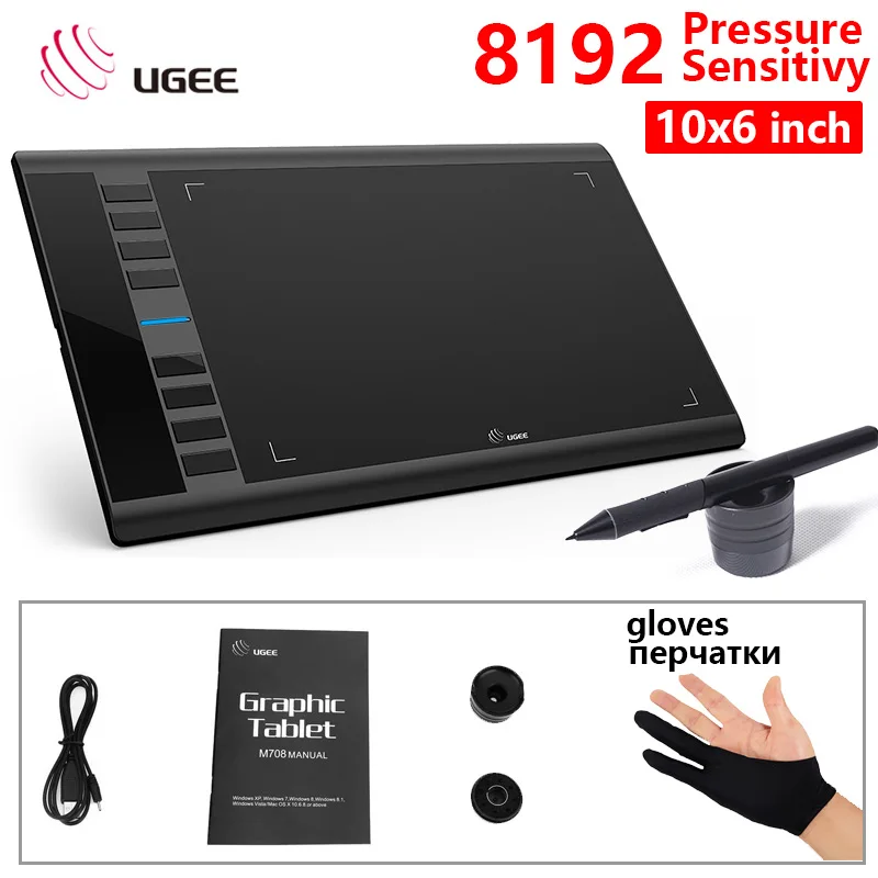 Дешево UGEE M708 Графика Tablet10 x 6 дюймов Большой активной области рисования Tablet 8192 уровней Давление чувствительность пера для Windows и Mac OS