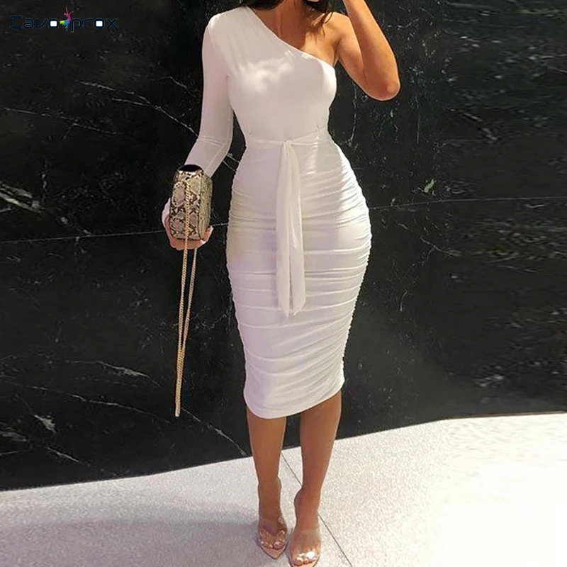 

Women One Shoulder Wrap Belt Pleated Bodycon Party Dress Sexy & Club Sheath Solid Knee-Length Spring Fall Dress