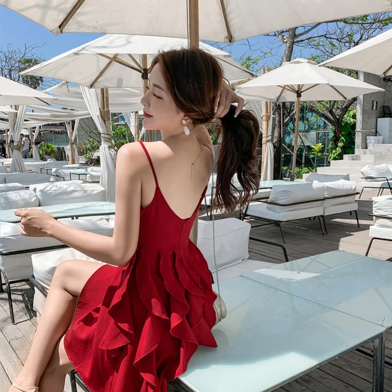 

New Summer Women Sexy Red Dresses Holiday Beach Solid Color Ruffles Mini Dress Spaghetti Strap Backless Female Short Dress