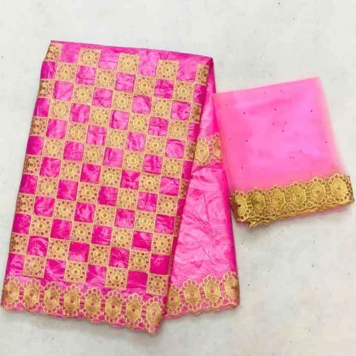 

5Yards Beautiful pink african Bazin brocade lace fabric embroidery and 2Yards french net lace with beads for clothes HZ9-7