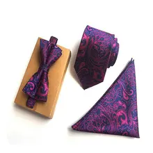 3 шт Мужские жаккардовые Пейсли плед Полосатый шелковый галстук мальчишник галстук-бабочка карман квадратный носовой платок Hanky комплект шейных Платков