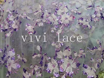 

5yards LHT033 white purple flower sequin embroidery tulle mesh lace fabric for wedding dress/evening dress,ship by dhl