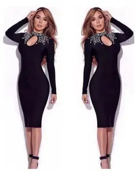 

Top Quality Celebrity Black Blue Long Sleeve Manual Crystal Beading Bandage Dress Evening Party Dress