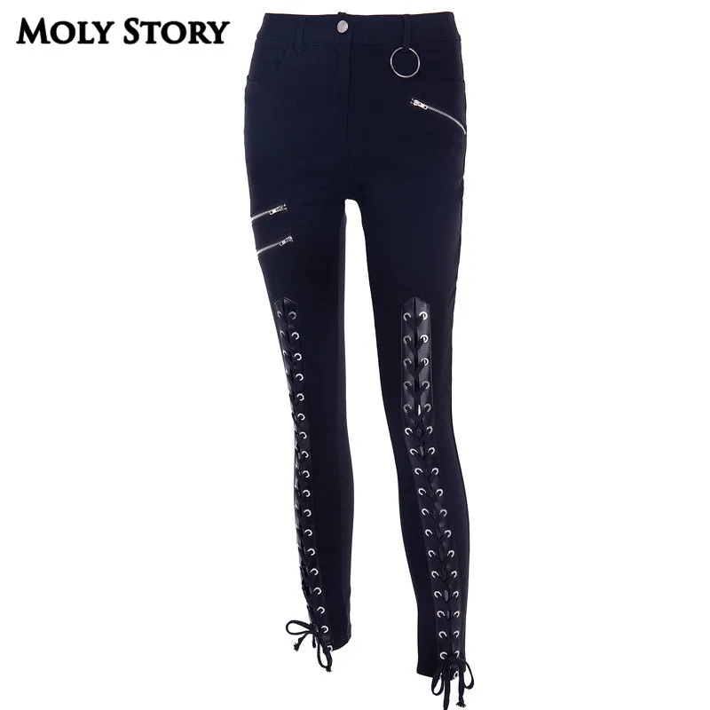 Сексуальные черные женские джинсы на шнуровке с высокой талией, женские Лоскутные кожаные готические брюки на молнии, обтягивающие узкие джинсы в стиле панк