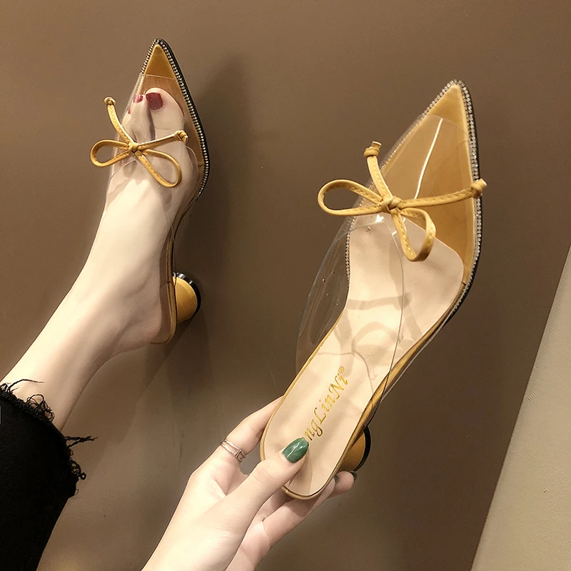 

Women Sandals 2019 New Fashion Pvc Mid Heel Women Sexy Clear Heels Summer Sandals Bow Pointed Toe Fish Mouth Pumps Shoes
