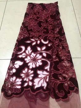 

Top sale fashion Velvet Nigerian Lace Fabric Dubai Embroidered French Tulle Lace Latest African Lace Fabric With Beaded WINE