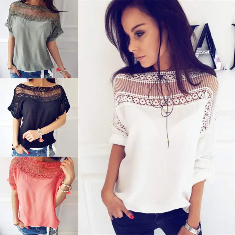 

Hot Summer Women Casual Tops Blouse Short Sleeve Crew Neck Lace Shirt Ladies Fashion Summer Clothes