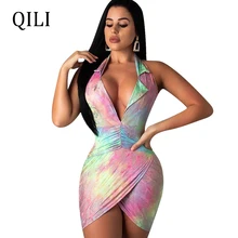 QILI Sexy V neck Sleeveless Dress For Women New Style Hollow Out Backless Split Mini Dresses Party Club Dress Colorful Printed chic v neck sleeveless hollow out sequined club dress for women