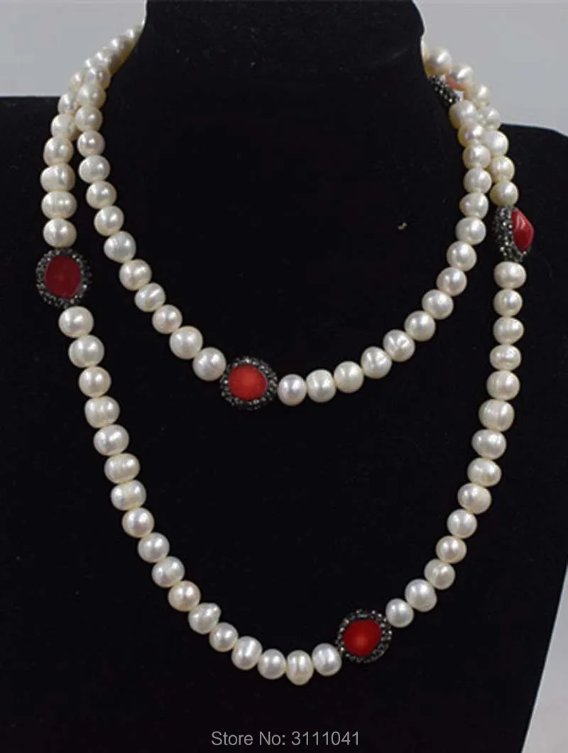 

freshwater pearl white near round 8-9mm and red bamboo coral baroque flat/pillar necklace 80cm FPPJ wholesale beads nature