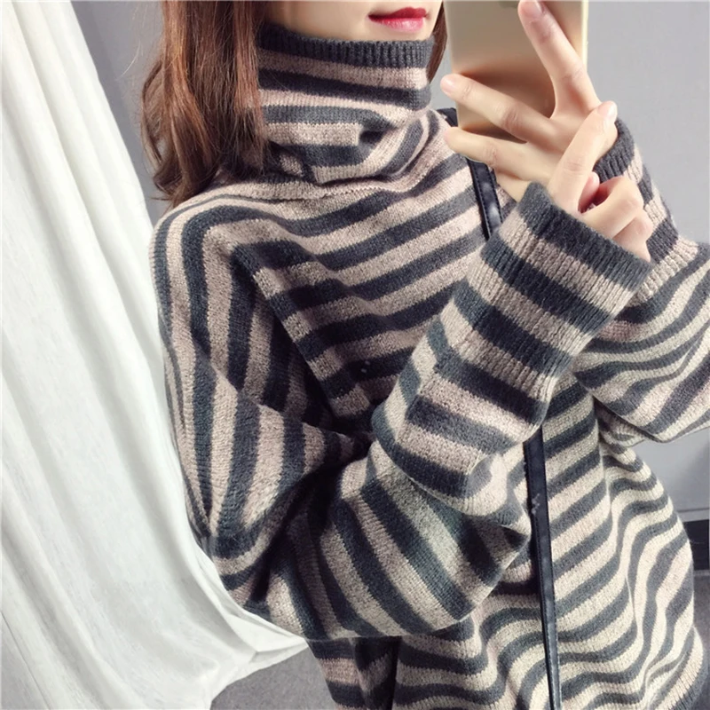 

Winter Turtleneck Pullover Womens befree Knit Sweater 2018 New Korean Loose Warm Pullover Female Bat sleeve stripes Sweaters 624