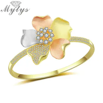 

Mytys Three-tone Gold Flower Bangles for Women Statement Jewelry Sandblast Mirco CZ Romantic Party Daily Fashion Accessory B1121