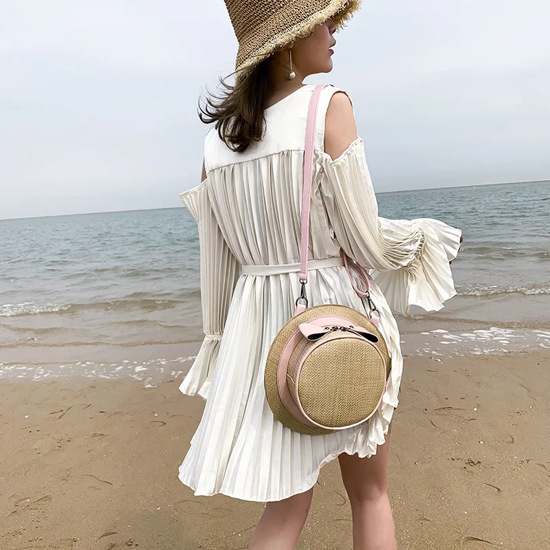 

Handmade Straw Single Shoulder Handbag Slung Small Round Bag Cross-border Explosion Section Bow Weave Messenger shoulder bag