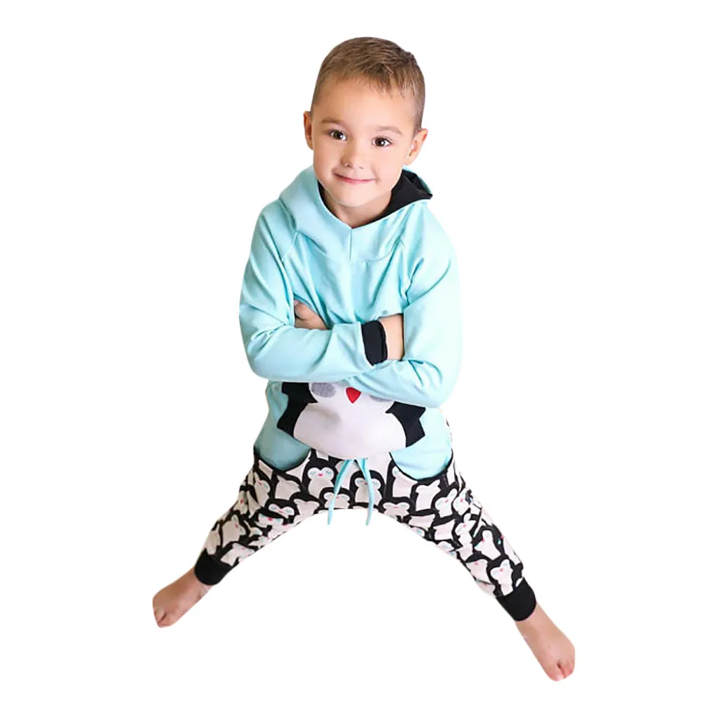 Толстовка с капюшоном с длинными рукавами и рисунком пингвина для маленьких мальчиков и девочек, топы, штаны с принтом, комплект одежды, одежда для сна