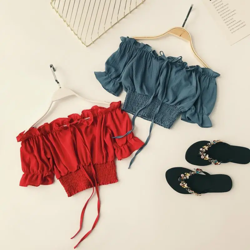 

Amolapha Women Short Style Slim Shirts Slash Neck Short Sleeve Laced Summer Women Casual Beach Holiday Strapless Tops