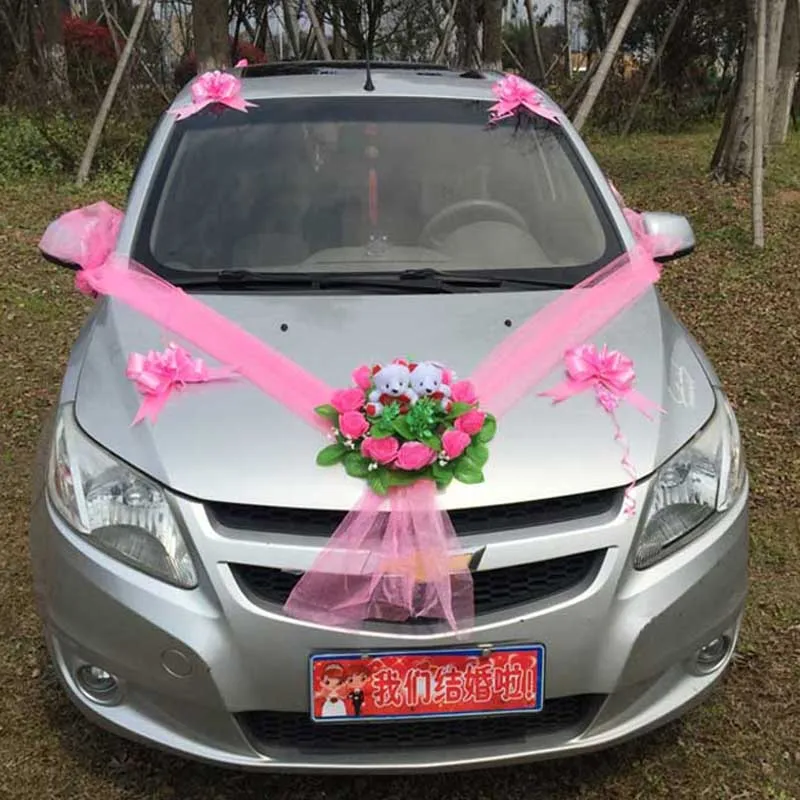 

Fiori bomboniere wedding car flower decoration set red pink main flower garland with bear 10pcs pull flower Artificial flowers