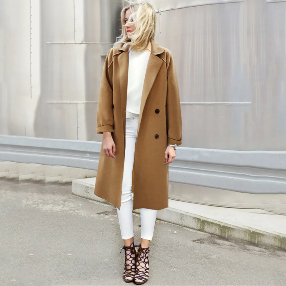 

Wool coat women winter woolen coat double-breasted plus size fashion warm trench coat Ladies long sleeve casual lapel pocket top