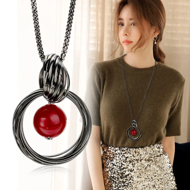 

New Sweater Necklaces Circles Simulated Pearl Ball Pendant Long Necklace Women Chain Fashion Jewelry KQS