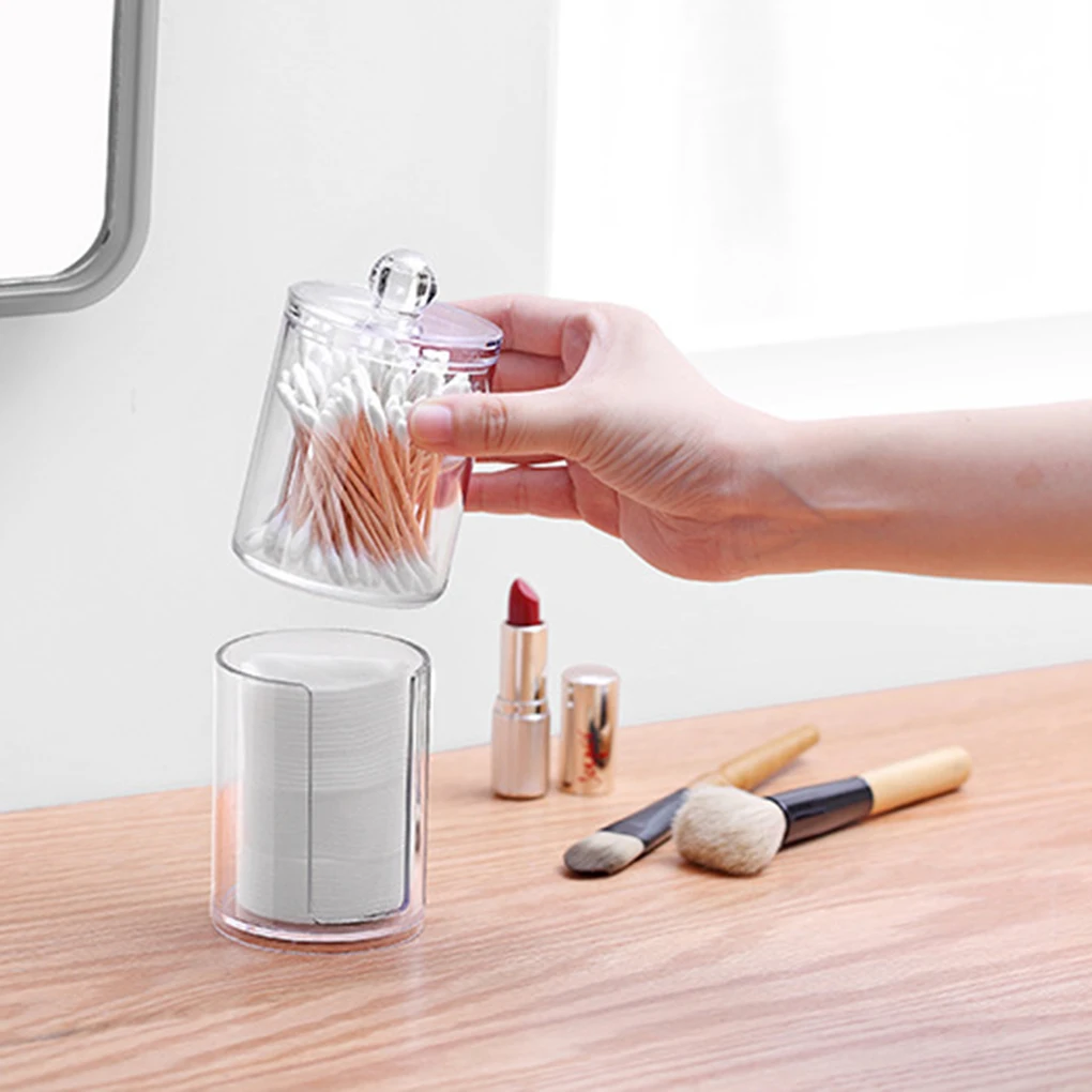 Makeup Box Organizer Clear Stand Round Cotton Swab Toothpick Dispenser Holder Plastic Container