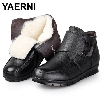 

YAERNI Women Winter Boots Fashion Genuine Leather Ankle Boots Women Round toe Flat Shoes Soft-soled Woman Snow Boots E631