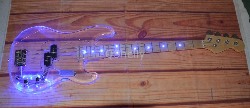 Высокое качество QShelly на заказ акриловый корпус 4 струны Джаз светодиодный свет клен шеи P электрическая бас гитара Музыкальные инструменты магазин