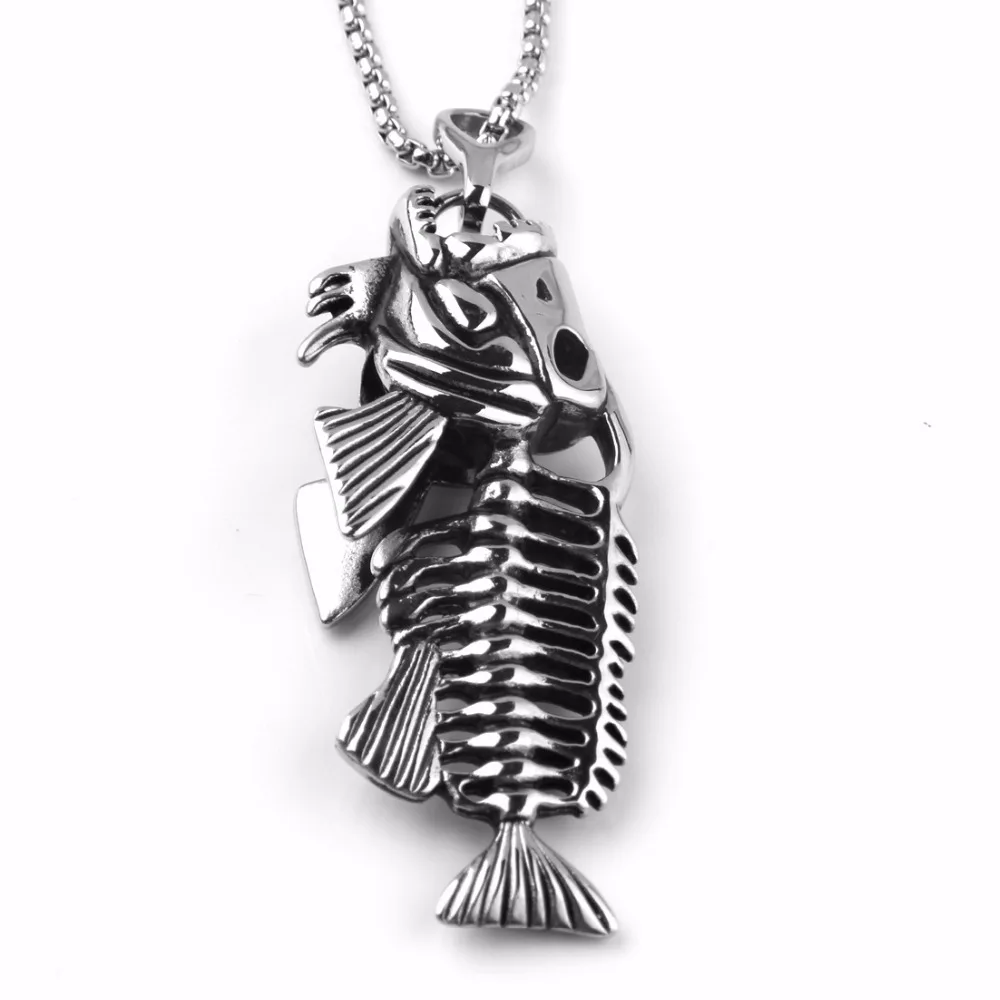 Mens Gold Chian Stainless Steel Necklace Big Hollow Fish Skeleton Fish