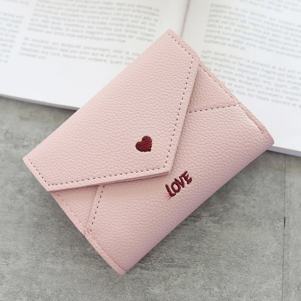 Портативный мини-кошелек из искусственной кожи с узором в виде сердца, Многофункциональный маленький карман с вышивкой для монет, Модный женский кошелек с тремя отделениями для карт - Цвет: Light Pink