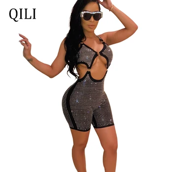 

QILI Flash Diamonds Rhinestone Jumpsuits Sexy Hollow Out Tank Overalls Nightclub Women Rompers Club Playsuits For Womens