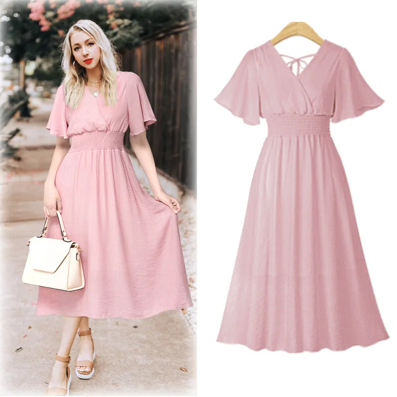 

Summer Chiffon Dress 2019 Pleated Beach Dress Fashion Short Sleeve V-neck Back Tied A-line Party Dress Sundress Vestidos