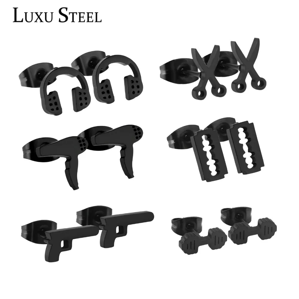 Роскошные стальные уникальные стильные черные серьги-гвоздики из нержавеющей стали, музыкальные ноты/ножницы/фен, 6 пар/коробки, женские сережки