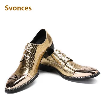 

New Genuine Leather Mens Shoes Gold Serpentine Metal Pointed Toe Flats Luxury Designer Dressing Brand Shoes Zapatillas Hombre