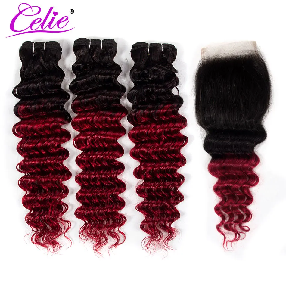 

Colored 1B Red Deep Wave 3 Bundles With Closure Ombre Brazilian Human Hair Weave Bundles With Closure Remy Weft Celie Hair