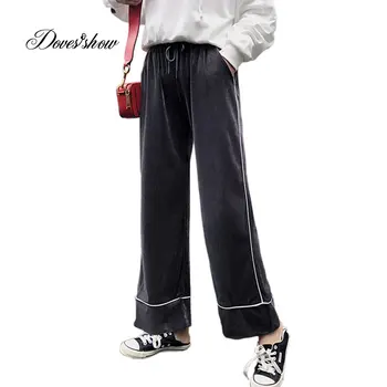 

2018 Spring New Corduroy Wide Leg Pants High Waist Micro Flare Pants White Striped Elastic Pleuche Casual Looses Trousers Women