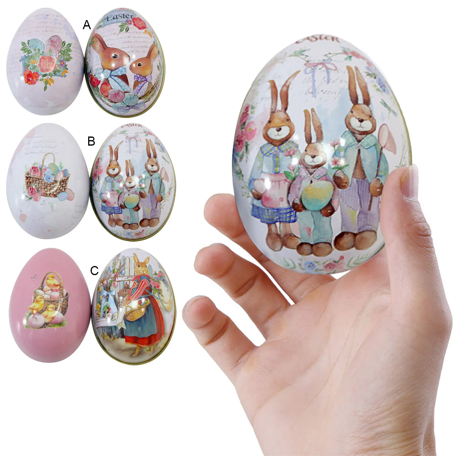 

Behogar Besegad Cute Metal Easter Egg Shaped Candy Tin Box with Bunny Rabbit Printing for Easter Festival Wedding Party Supplies