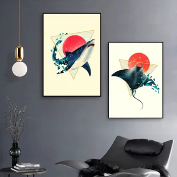 

Watercolor Geometric Shark and Sting Art Canvas Geometric Turtle Poster Wall Pictures for Living Room No Frame