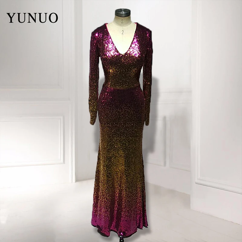 

Real Shining V Neck Mermaid Gradient colorLong Evening Dresses 2019 Long Sleeve Zipper Floor Length Evening Dress YN32001