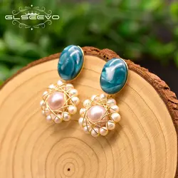 GLSEEVO ручной работы пресноводный жемчуг геометрический синий круг для женщин модный подарок для вечерние серьги драгоценные ювелирные