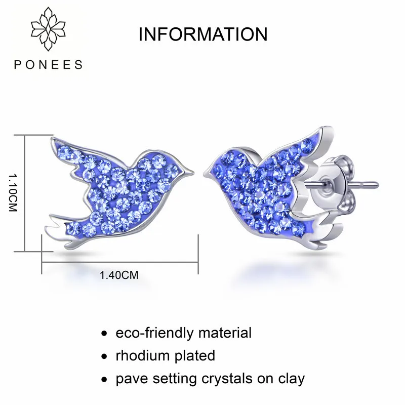 PONEES модный ювелирные изделия синий кристалл серьги-гвоздики в виде птицы для Для женщин Мода в виде симпатичных животных, птиц серьги для девочек вечерние