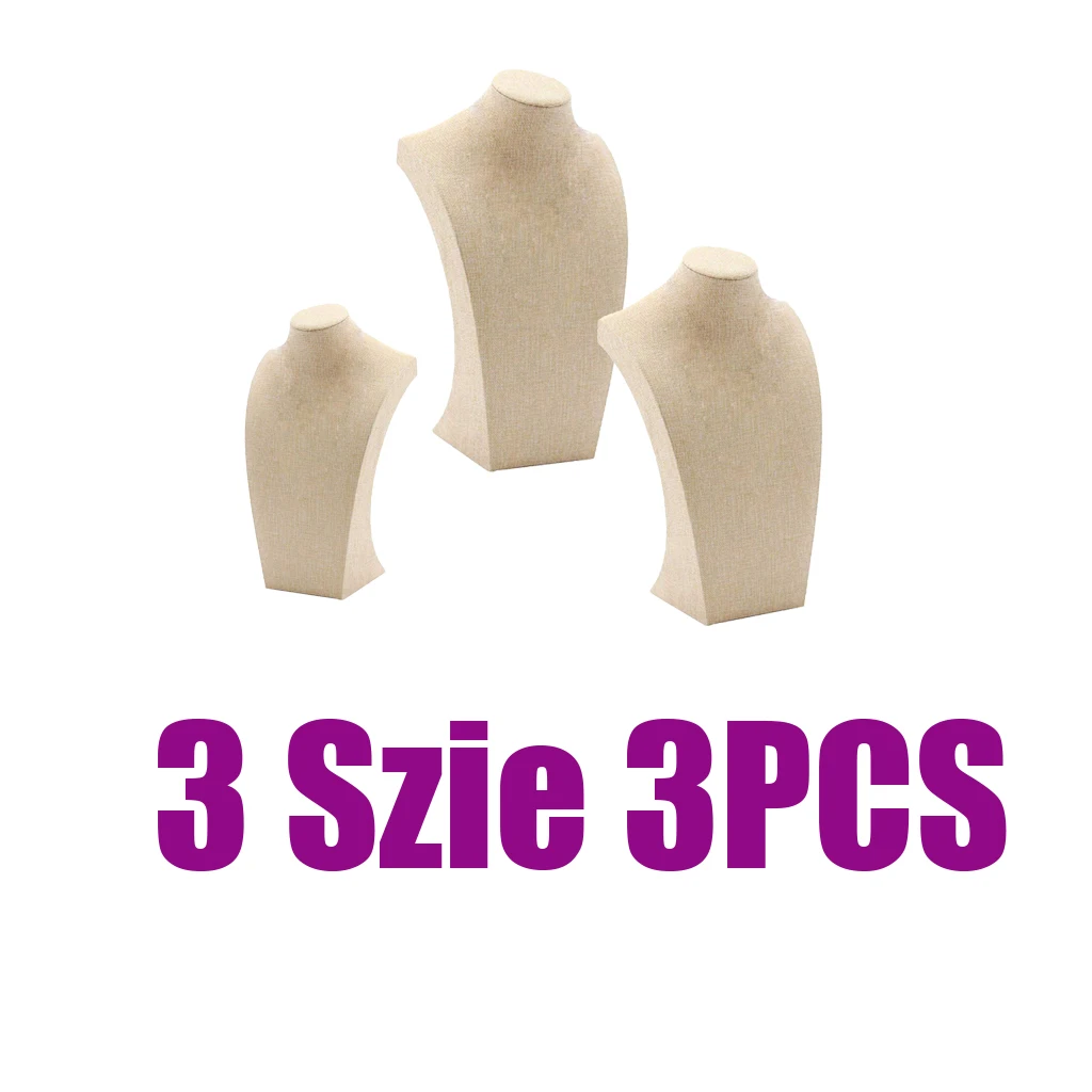 3 Pcs Linen Wooden Necklace Display Bust Stand Mannequin - Jewelry Holder for Necklaces Chain, Choker, Pendant - Beige