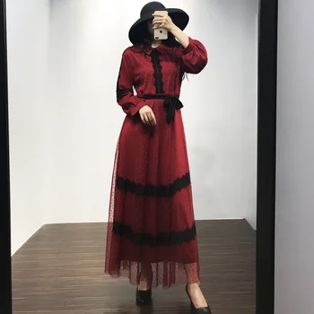 

Middle East Dubai high-end fashion lapel belt dress summer dress Muslim dark red lace mosque big pendulum long sleeve dress