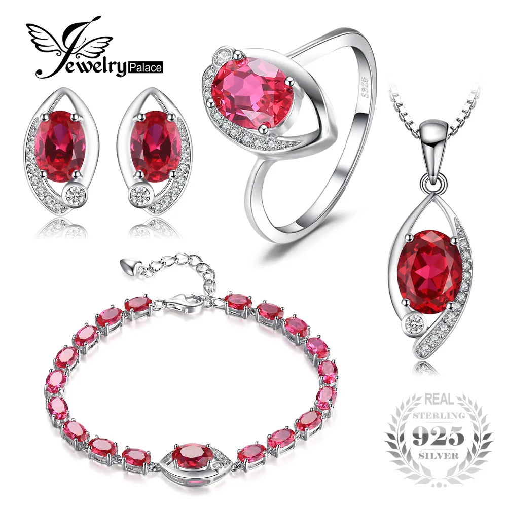 

Jewelrypalace Eye Created Ruby Ring Stud Earring Bracelete Pendant Necklace 925 Sterling Silver Jewelry Sets Fine Jewelry