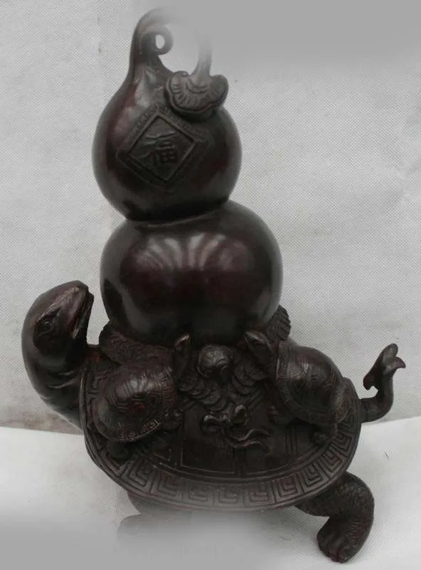 

13"China Chinese Folk Bronze Lucky longevity tortoise back calabash Statue