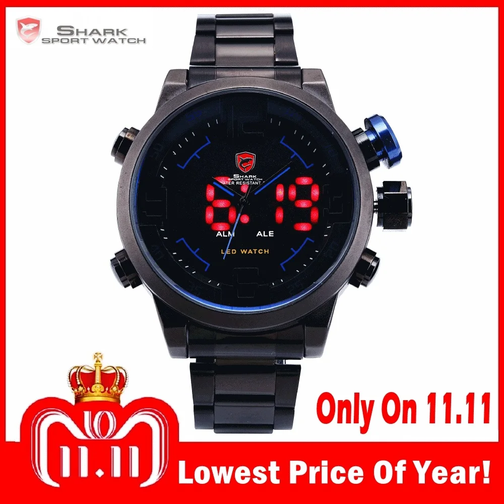 Goede Gulper SHARK Sport Horloge Luxe Merk LED Analoge Datum Quartz Blauwe Knop Stalen Band Mannen Quartz Horloges relogio masculino SH106