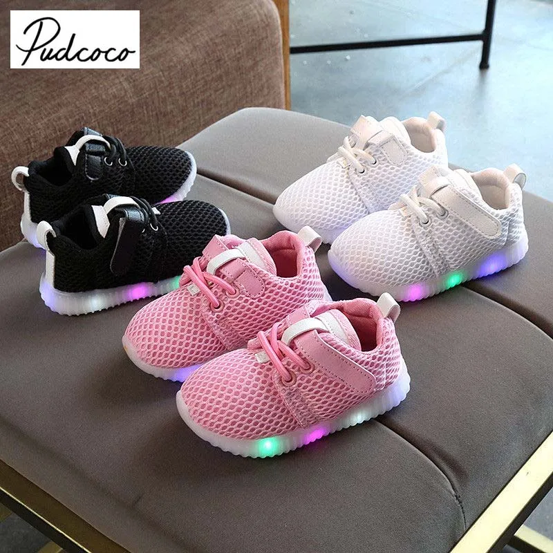 

Pudcoco 2018 Toddler Kids Baby Boys Girls First Walkers Mesh Solid Light Up Soft Sole Sport Running LED Shoes Sneakers
