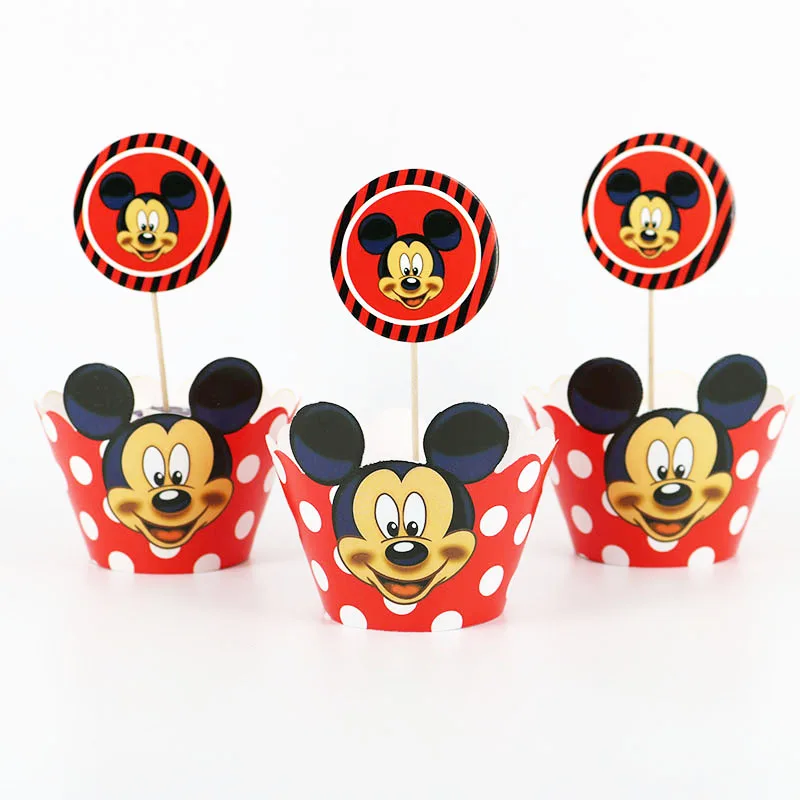 

24pcs/lot Cartoon Mickey Party Paper Cupcake Wrappers Toppers Kids Party Birthday Decoration Cake Cups(12 wraps+12 topper)