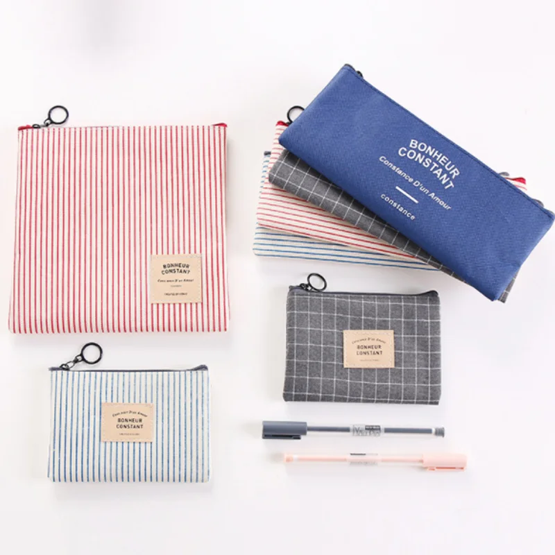 

1 Pcs/set Simple color canvas Brief Style Grid & Stripes Pencil case Stationery School Supply pencilcase bag penalty