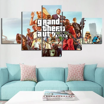 

5 Piece Game Poster Grand Theft Auto V Pictures Canvas Paintings GTA 5 Poster HD Wall Pictures Artwork Canvas Paintings