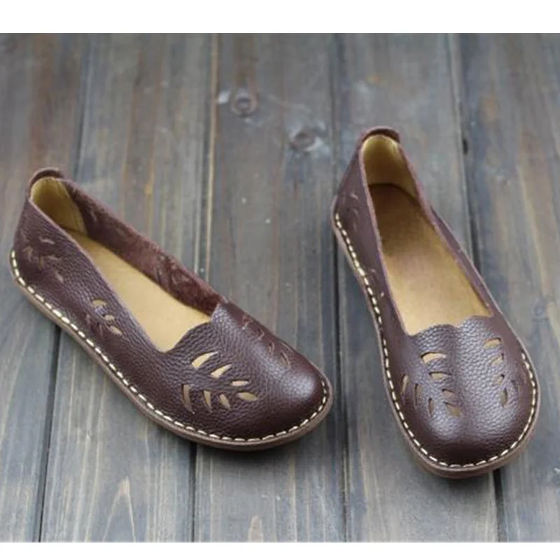 BEYARNE/Женская обувь из натуральной кожи; женская обувь на плоской подошве без застежки; дышащая Летняя обувь с круглым носком и перфорацией; женская обувь