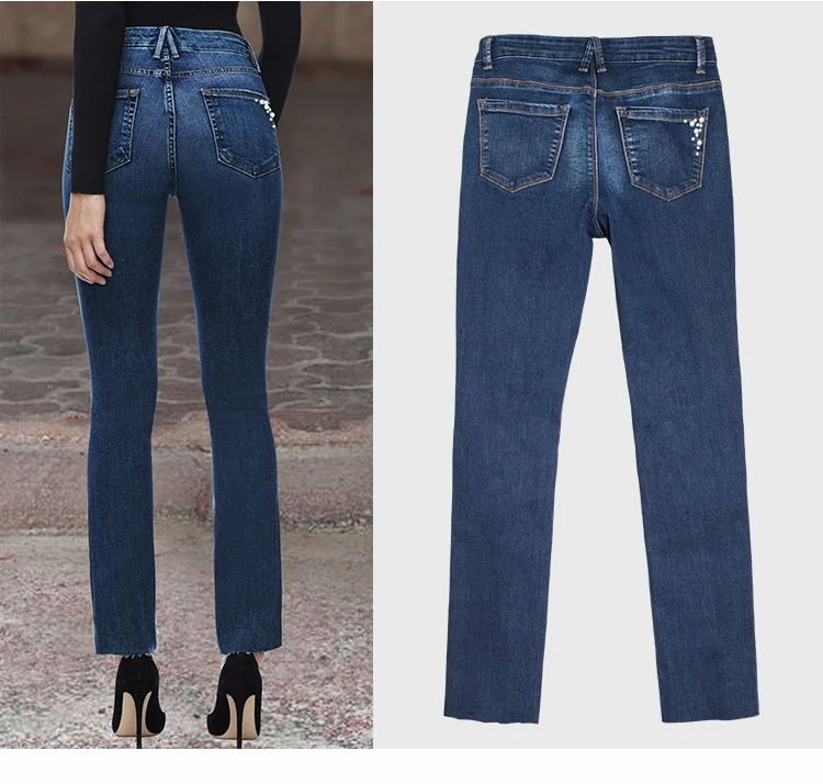 2018 Europe and the United States Women's new high-rise jeans Pearl beaded women's summer jeans trousers (7)